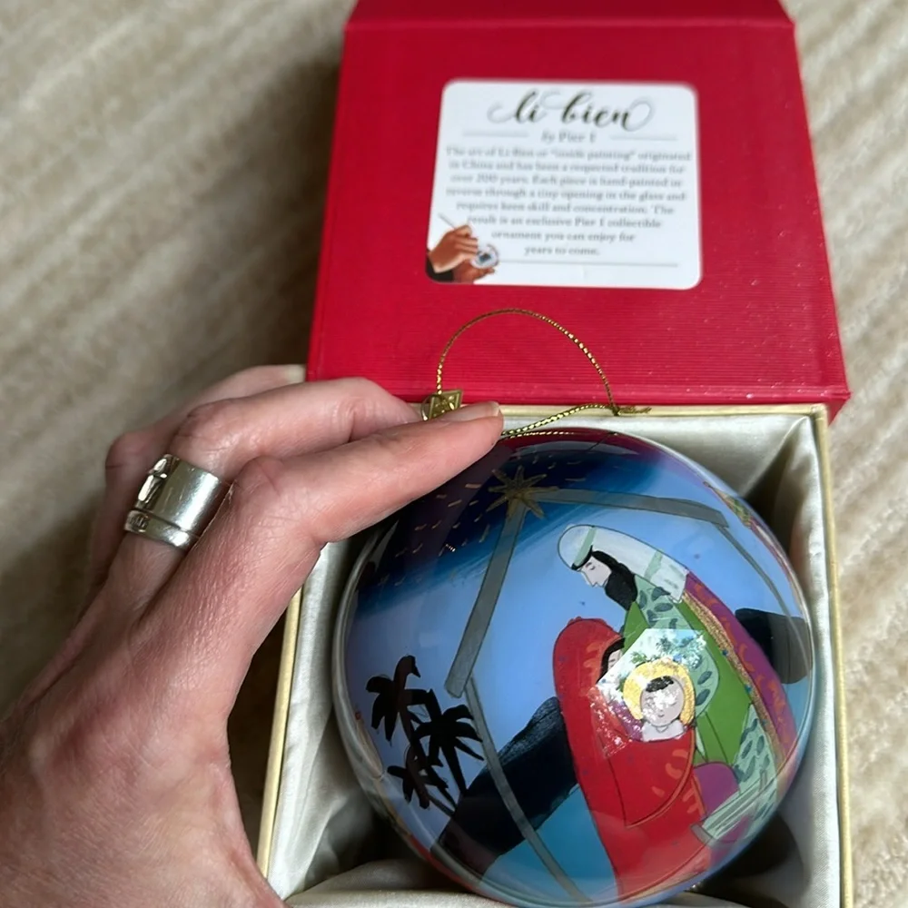 Pier 1 Hand Painted Glass Christmas Ornament Li Bien Nativity Mary Joseph Jesus